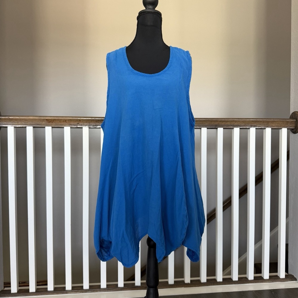 Oh My Gauze 100% Cotton Sleeveless Lagenlook Tunic Bubble Hem Too Blue Approx XL